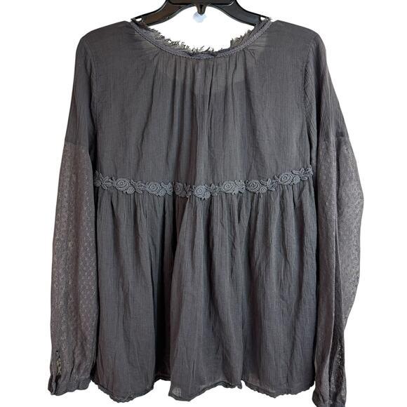 FREE PEOPLE Blouse XS Long Sheer Sleeve Top Pleated Embroidered Boho Whimsigoth - Picture 2 of 8